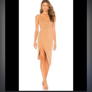 Superdown Kilee nude tan bodycon midi dress with asymmetric hem. Size XS